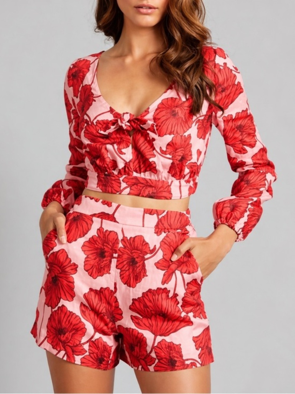 Kookai Floral Linen Set Crop Top & Shorts Red Pink 36 XS